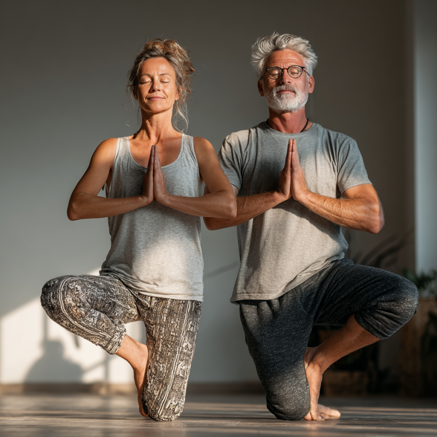 Літня жінка в позі йоги на природі