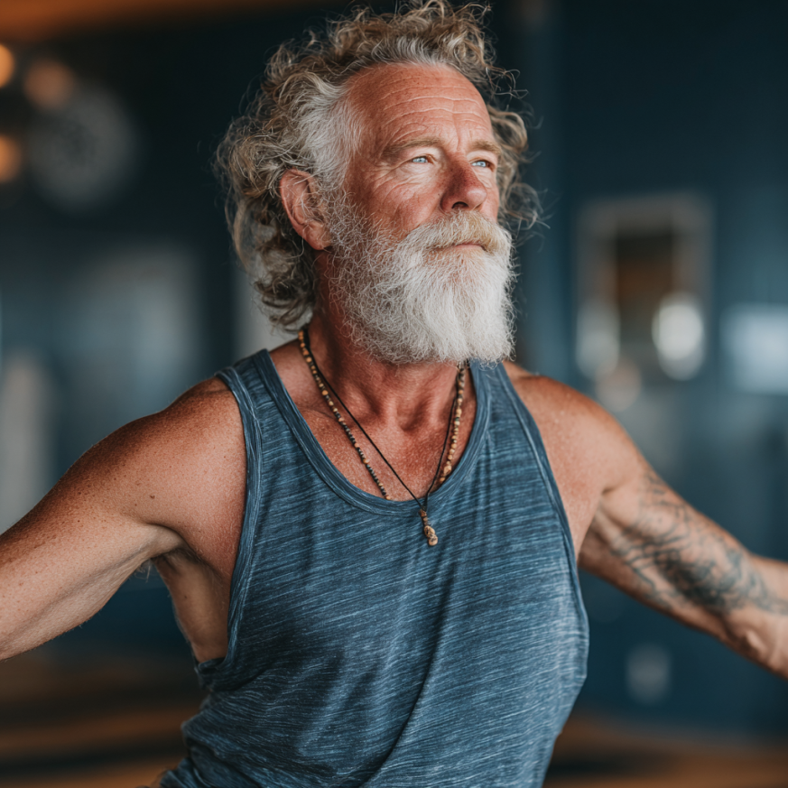 Літня жінка в позі йоги на природі